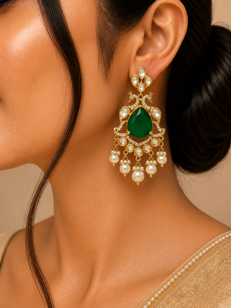 Close-up of a woman wearing a green gemstone earring with pearl details.