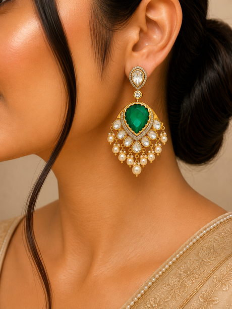Close-up of a woman wearing a green emerald earring with gold and pearl details.