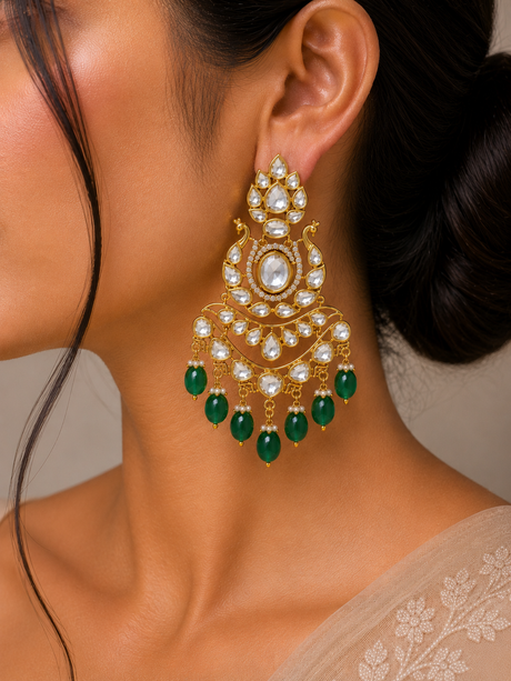 Close-up of a woman wearing a gold and green earring with a blurred background
