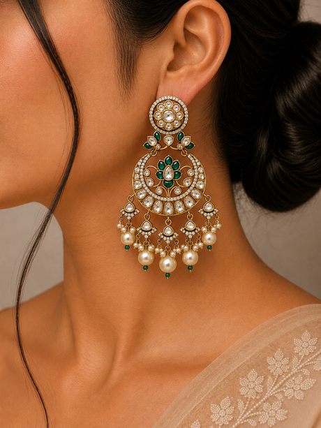 Close-up of a person wearing an ornate earring with pearls and green stones.