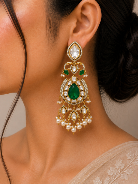 Close-up of a person wearing an ornate earring with green gemstone and pearl details.