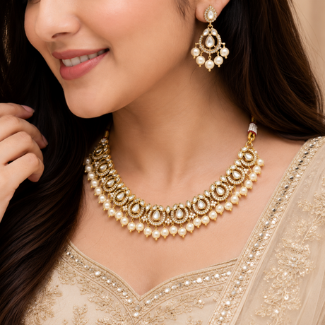 Woman wearing a gold and pearl necklace and earrings