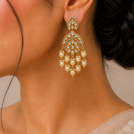 Close-up of a woman wearing gold earrings with pearls against a neutral background