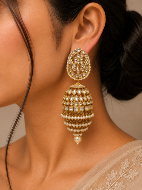 Close-up of a person wearing a gold and pearl earring with a neutral background