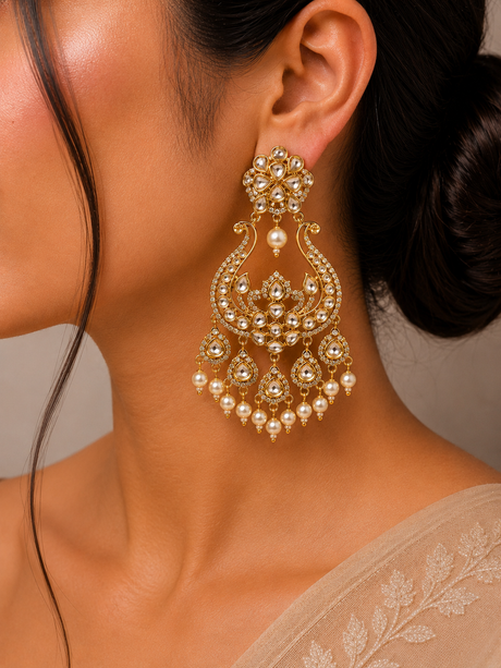 Close-up of a woman wearing elaborate gold and pearl earrings.