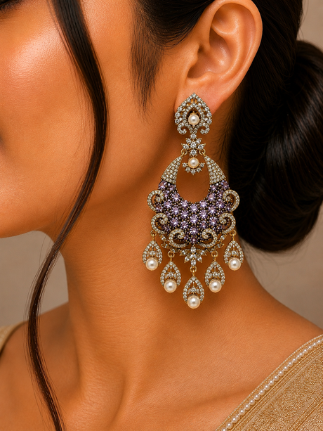 Close-up of a woman wearing an ornate earring with purple gemstones and pearl-like elements.