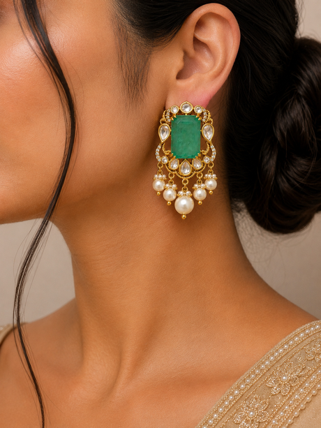Close-up of a person wearing gold earrings with a green gemstone and pearl accents.