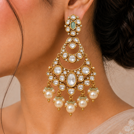 Close-up of a woman wearing a gold earring with pearls and gemstones.