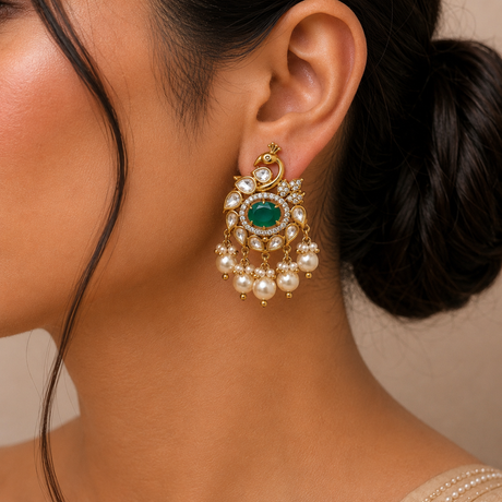 Close-up of a woman wearing an ornate gold earring with pearls and a green gemstone.
