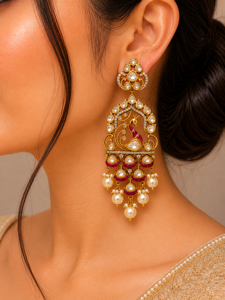 Close-up of a woman wearing ornate gold and pearl earrings with a neutral background