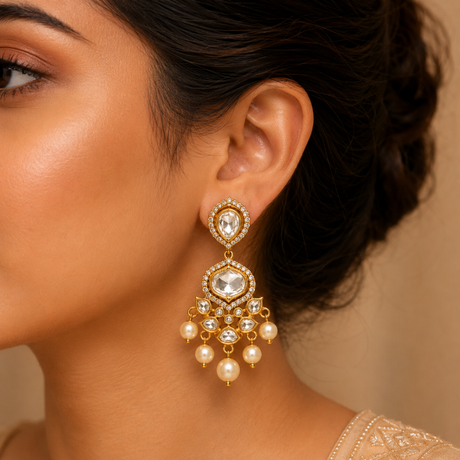 Close-up of a woman wearing a gold and pearl earring against a neutral background