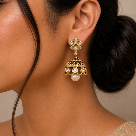 Close-up of a woman wearing a gold and pearl earring against a neutral background