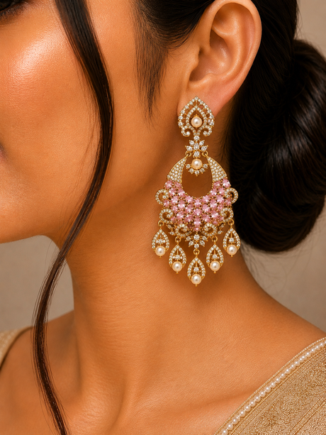 Close-up of a woman wearing a pair of ornate earrings with pink gemstones.