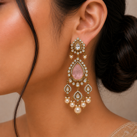 Close-up of a woman wearing a decorative earring with a pink gemstone.