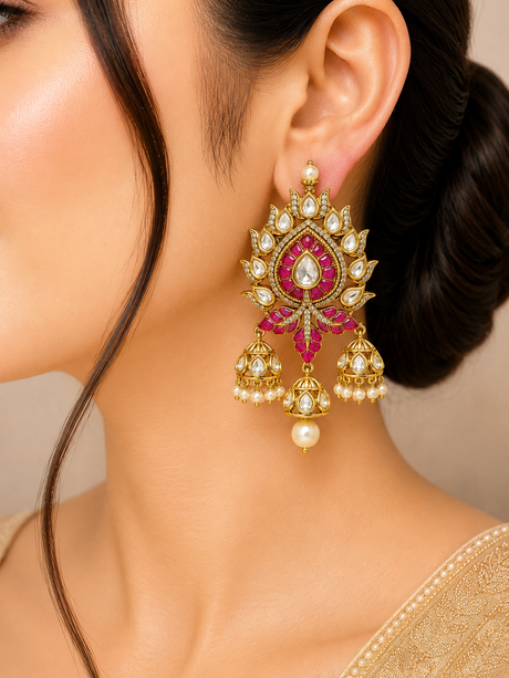 Close-up of a woman wearing a pair of ornate gold earrings with red and white stones.