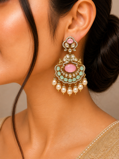 Close-up of a woman wearing a decorative earring with pink and green stones.
