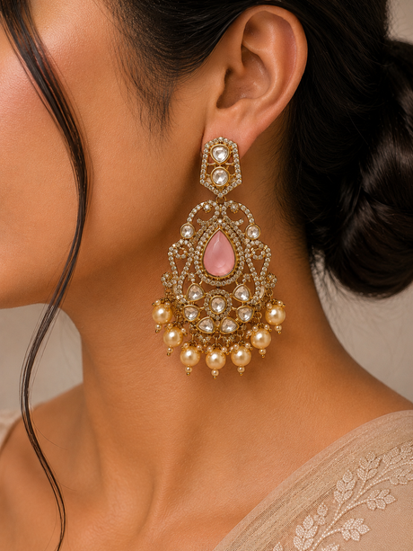 Close-up of a woman wearing an ornate earring with a pink gemstone.