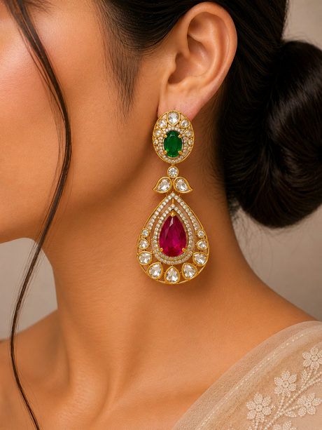 Close-up of a woman wearing a pair of ornate earrings with gemstones.