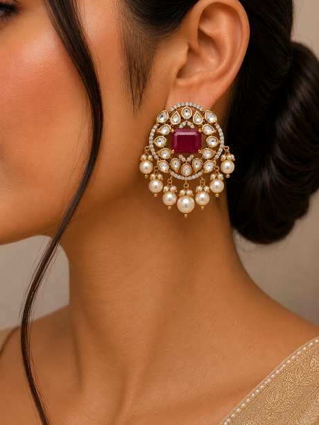 Close-up of a woman wearing a gold and red earring with pearl accents.