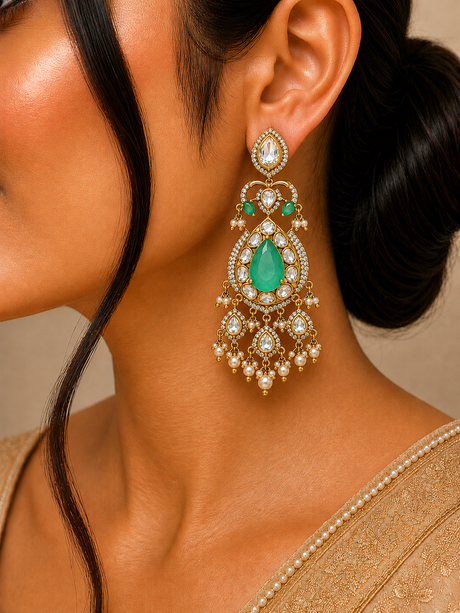 Close-up of a woman wearing a gold earring with green gemstone on a neutral background