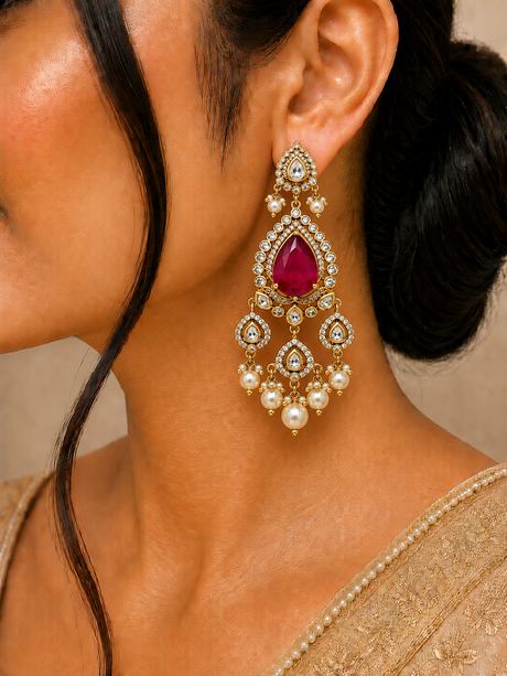 Close-up of a person wearing a decorative earring with a red gemstone and pearl details.