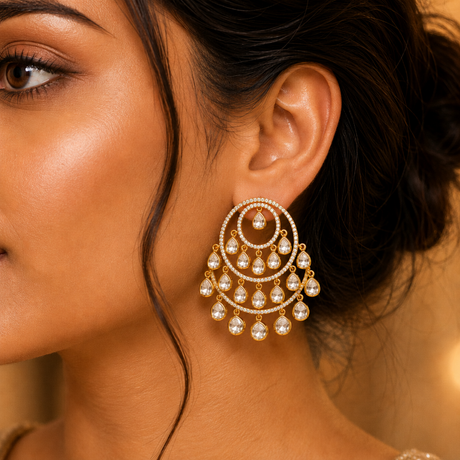Close-up of a woman wearing a gold and pearl earring against a neutral background
