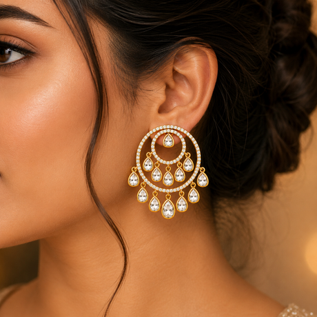 Close-up of a woman wearing a gold and diamond earring with a blurred background