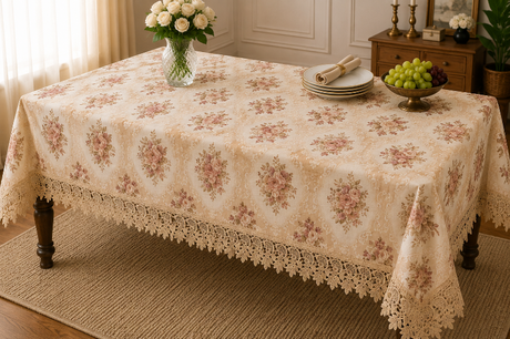 Floral patterned tablecloth on a table with decorative items in a room.