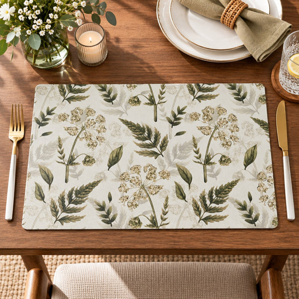 Sage Fern & Wildflower Vegan Leather Table Mat 12x18 — Set of 2, 4, 6