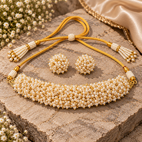 White Pearl Beaded Woven Choker Necklace & Earring Set