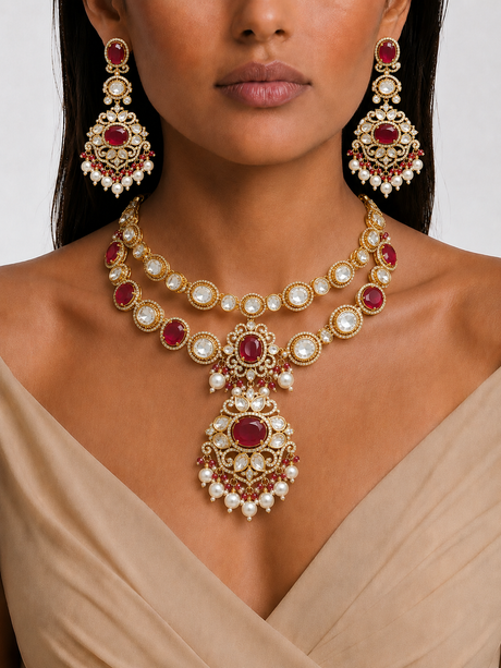 Woman wearing a gold and red gemstone necklace and earrings.