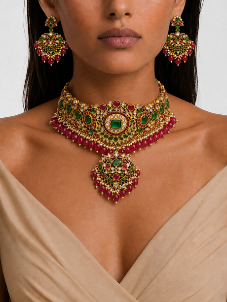 Woman wearing a gold, green, and red jewelry set with a plain background