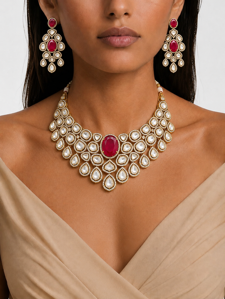 Woman wearing a gold necklace with red gemstones and matching earrings on a plain background