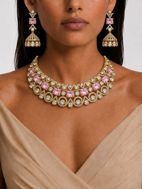Woman wearing a pink gemstone necklace and earrings on a plain background