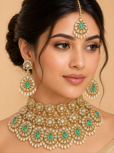 Woman wearing elaborate gold and green jewelry set against a beige background