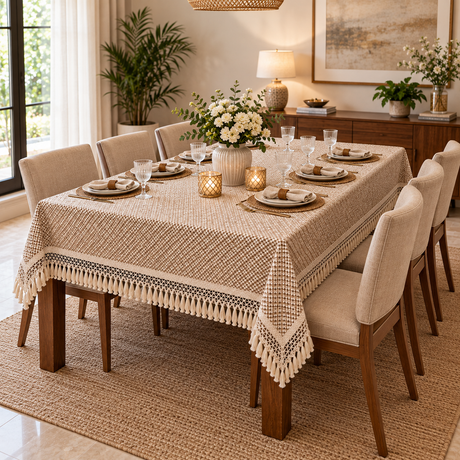 A beige woven tablecloth with a geometric pattern and tasseled fringe, styled on a dining table with chairs, plates, and floral centerpieces in a warm, modern dining room.
