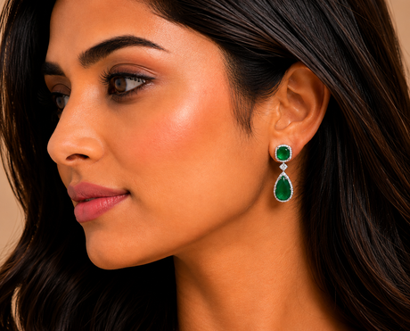 Close-up of a woman wearing green gemstone earrings with a neutral background