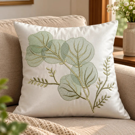 A square white throw pillow with an embroidered botanical design of green leaves and stems, resting on a beige upholstered sofa in a warm, sunlit room.
