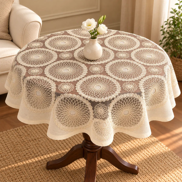 Zinnia Ivory Floral Embroidered Round Table Cover – 40 Inch