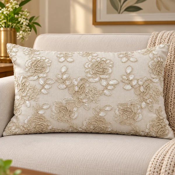 Elviera Ivory Rose Embroidered Cushion Cover – 12x18 Inch