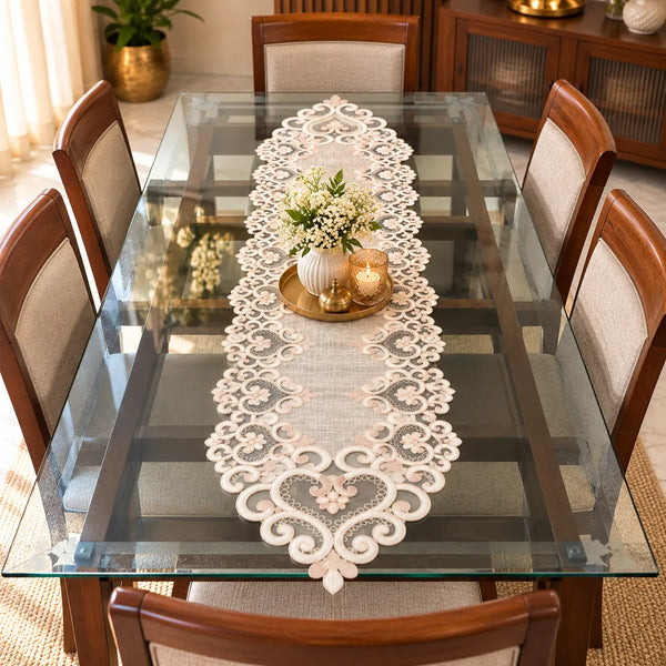 Elara Ivory Scroll Embroidered Table Runner – 16x72 Inches