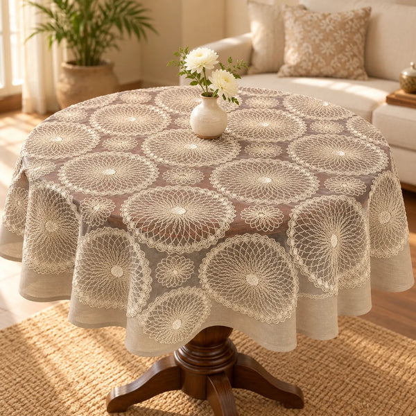 Zinnia Coffee Brown Floral Embroidered Round Table Cover – 40 Inch