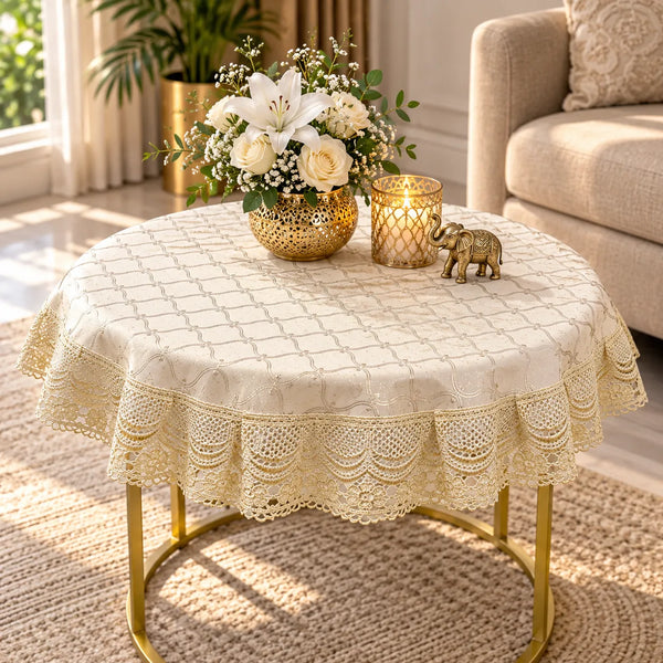 Aurevia Ivory Gold Lace Round Table Cover – 24 Inch