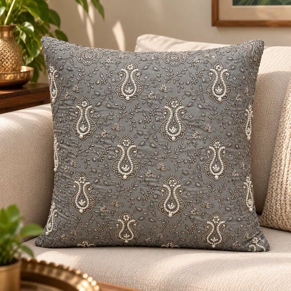 Mehrisa Grey Pearl Work Embroidered Cushion Cover – 16x16 Inch
