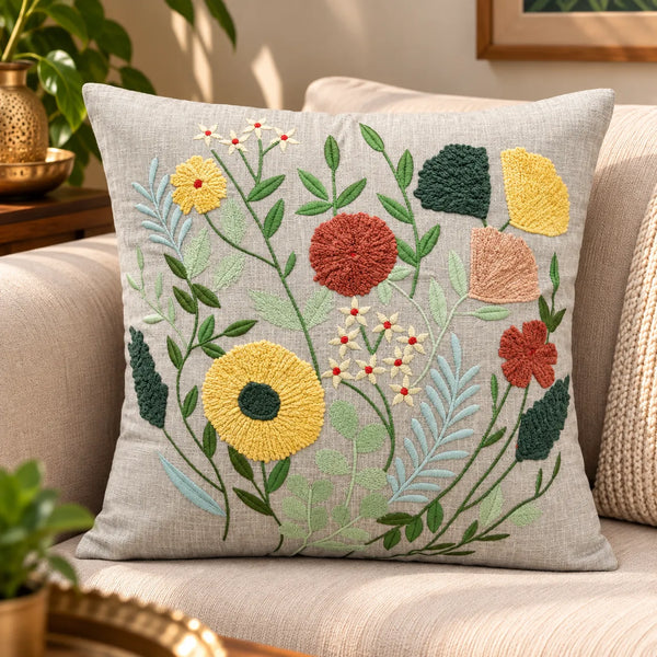 Florina Multicolour Floral Embroidered Cushion Cover – 16x16 Inch