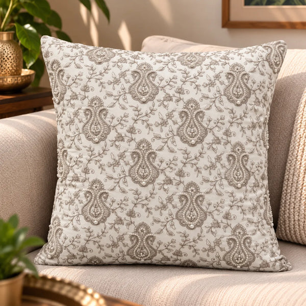 Ivoria Ivory Paisley Embroidered Cushion Cover – 16x16 Inch