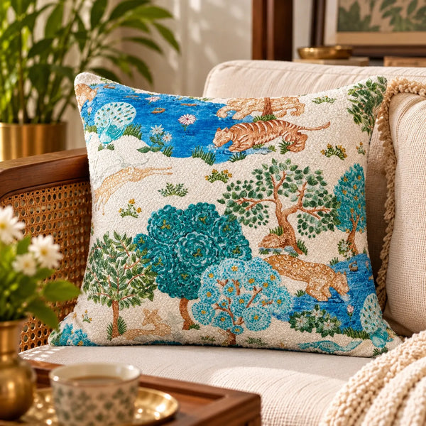 Aranya Wildlife Forest Print Cotton Cushion Cover – 16x16 Inch