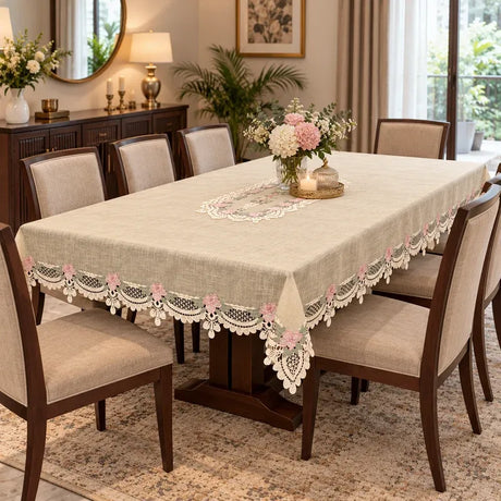 lifestyle image of floral linen table cover
