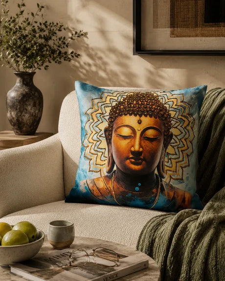 Beaded Buddha cushion cover in blue and gold styled on a cream armchair beside a side table