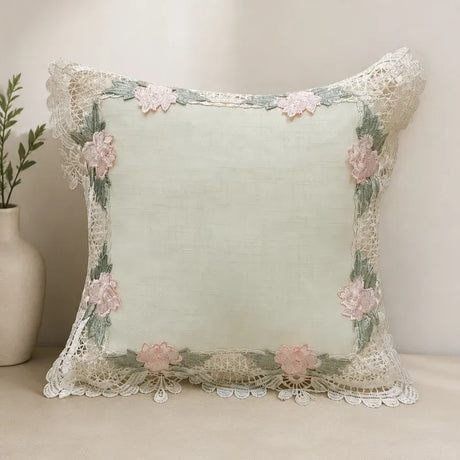 Beige floral linen cushion cover with pink embroidery and crochet lace border 16x16 inch